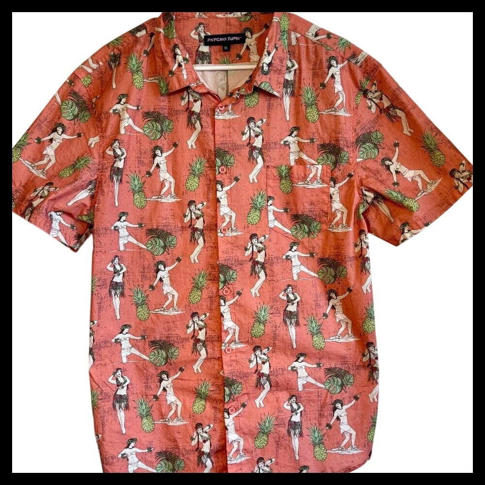 Psycho Tuna XL Coral‎ Hula Girl Pineapple Print Short Sleeve Button Up Shirt